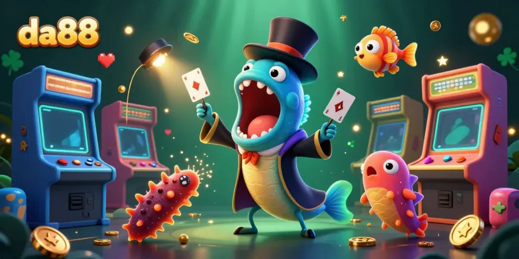 Engaging scene portraying da88's vibrant casino atmosphere with dynamic underwater characters.