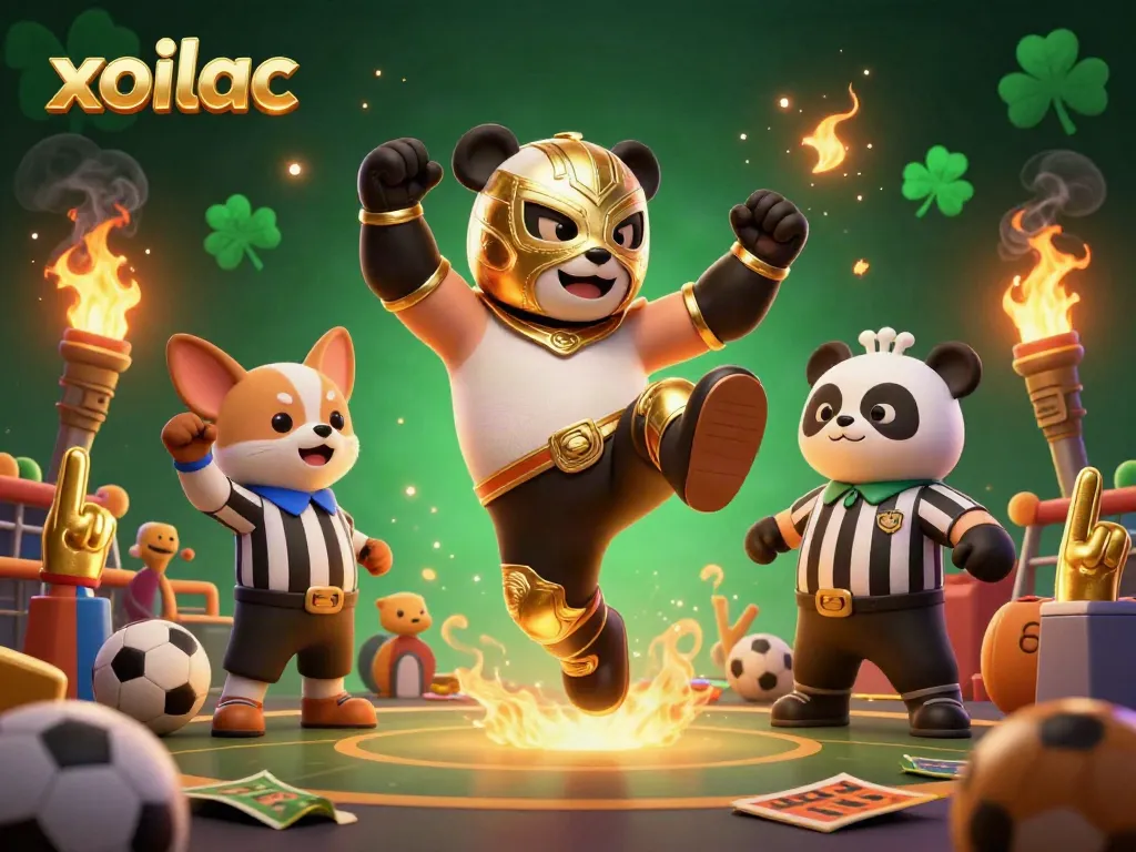 Xoilac offers thrilling sports betting with vibrant panda and referee cartoon characters in action.