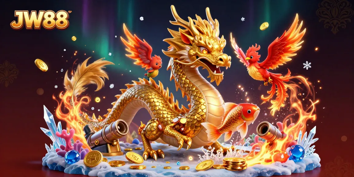 Experience the thrilling world of JW88 with a golden dragon, phoenix, and koi fish in a rich casino scene.