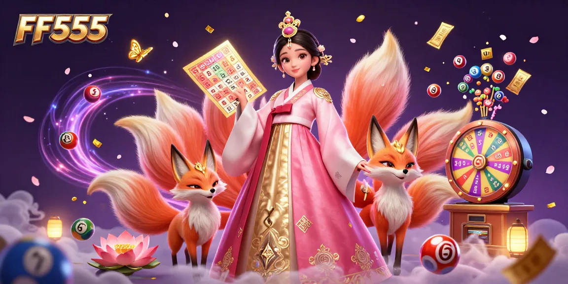 Win big with FF555 in this vibrant 3D illustration featuring lucky symbols and casino elements.