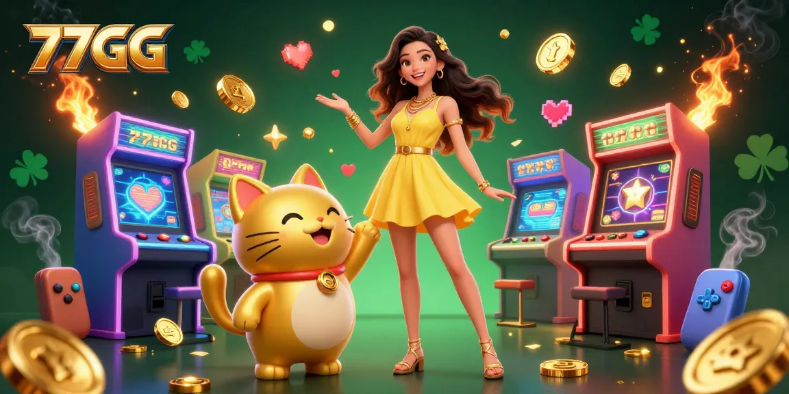 Experience the vibrant gaming world of 77GG with a joyful woman and a lucky cat mascot, abundant with gold.