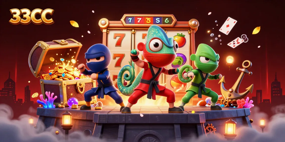 33CC platform features vibrant slots and games with ninja chameleons amidst treasures and dynamic elements.