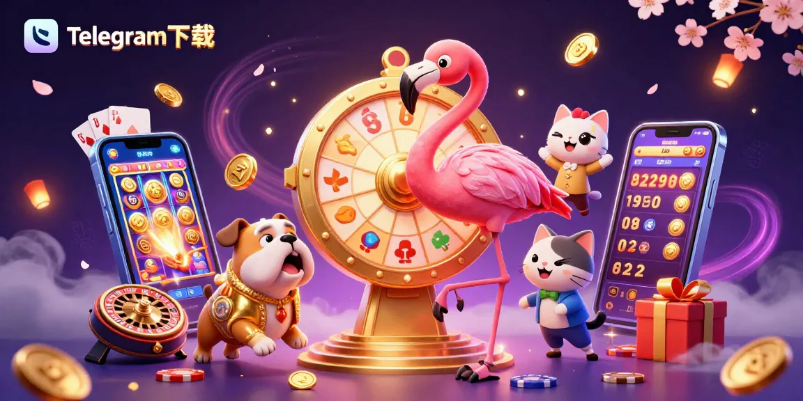 与Telegram下载一起玩刺激的游戏，一只火烈鸟主持人旋转着奖轮，旁边是一只斗牛犬参赛者！