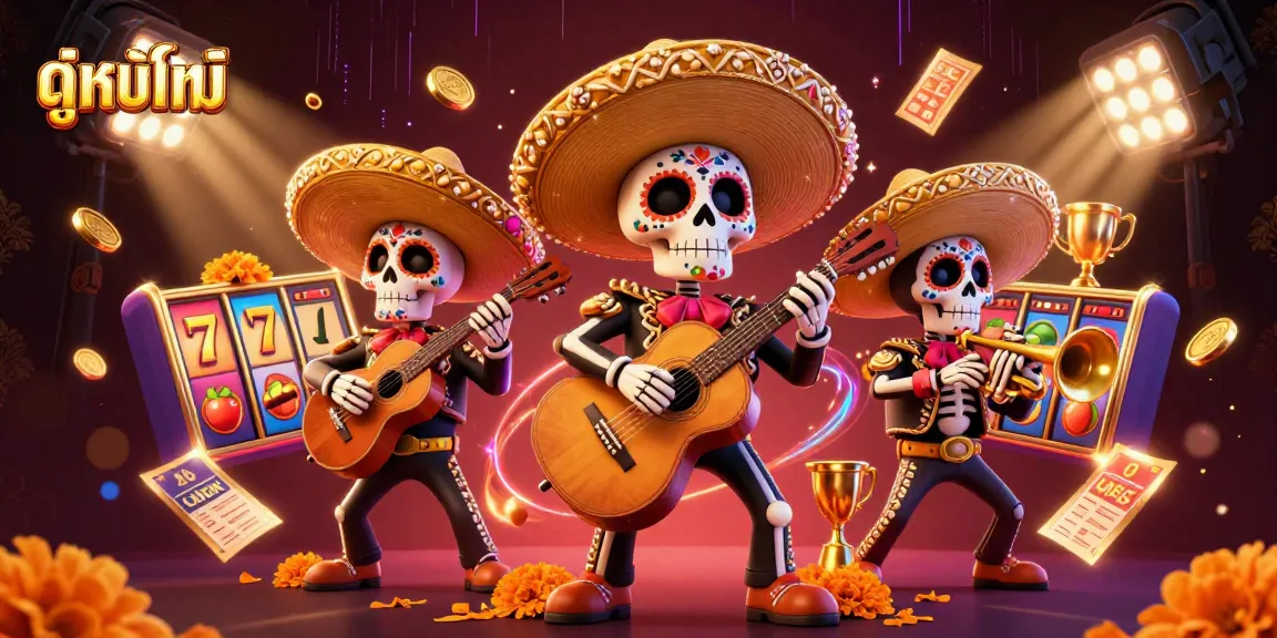 Engage in ดูหนังใหม่ with a vibrant 3D illustration of a mariachi band celebrating at a casino scene.
