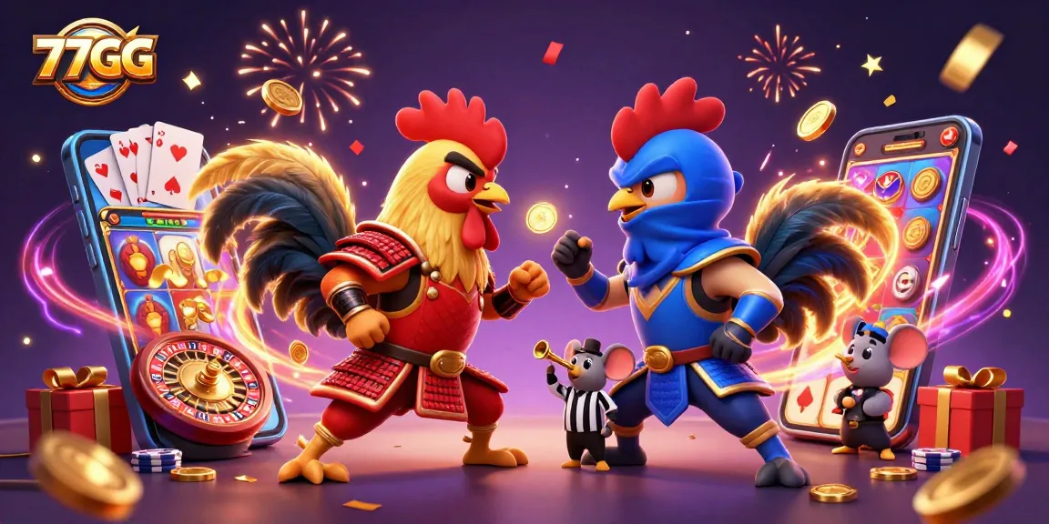 77GG presents an intense gambling showdown with roosters, vibrant games, and energetic atmosphere