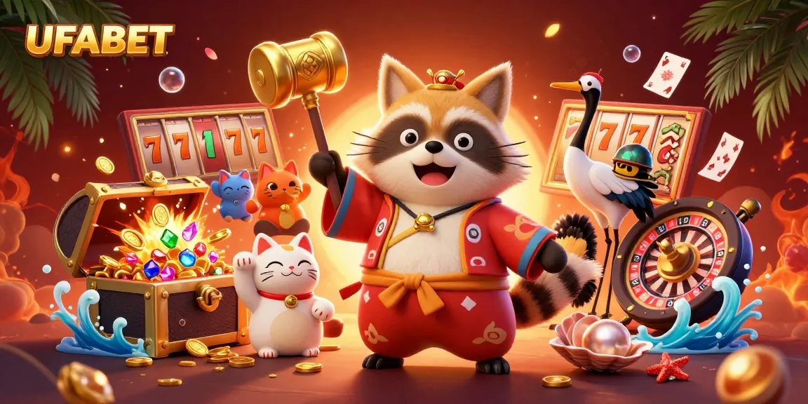 Experience thrilling wins at UFABET with vibrant cartoon characters celebrating around slot machines and treasure.