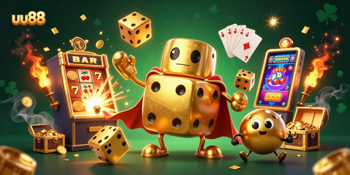 uu88 players celebrate with a golden dice golem amid jackpot explosions and stunning casino elements.