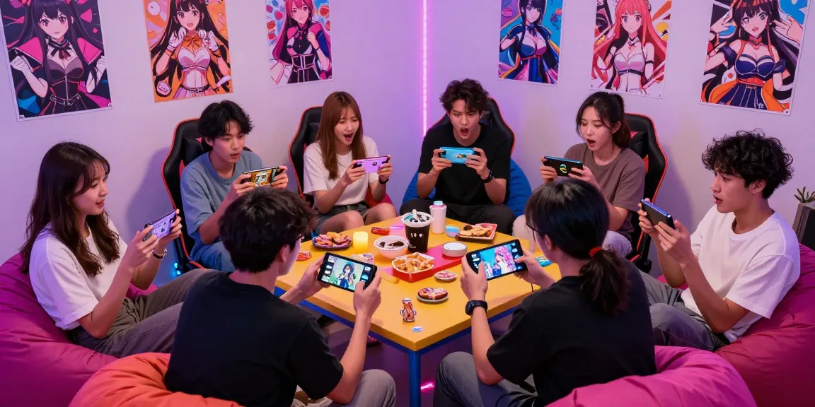 Exciting group of friends playing game ecchi on mobile devices in a cozy, colorful gaming space.