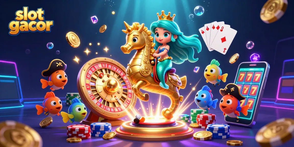 Experience slot gacor action with vibrant mermaid and seahorse in a rich casino-themed illustration.