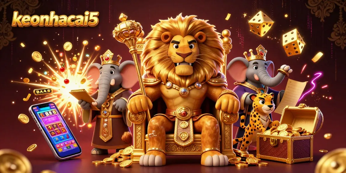 Experience the excitement of keonhacai5 with a lion king and gaming symbols in an action-packed casino scene.