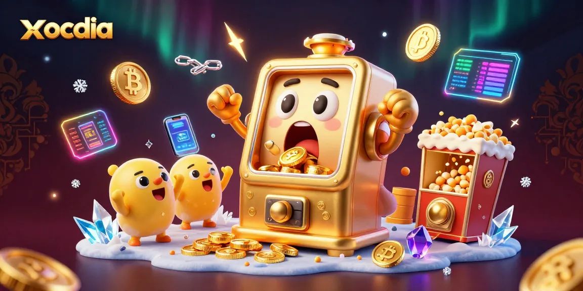 Xocdia reveals a playful 3D golden slot machine hitting a jackpot amid cheering baby machines and vivid crypto elements.