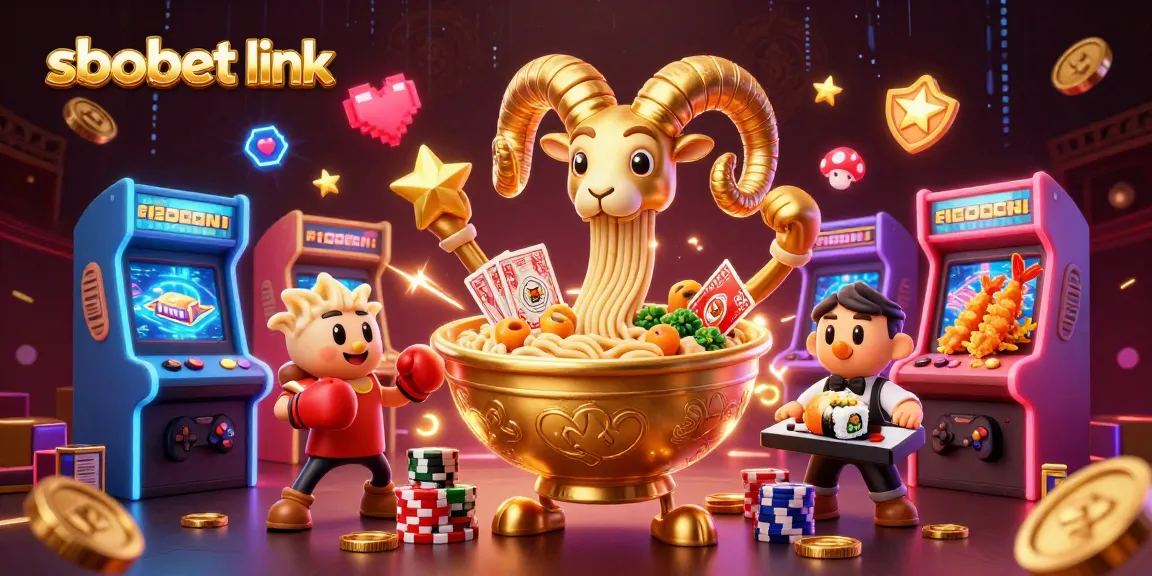 Spin the sbobet link with a vibrant 3D casino scene featuring a ramen bowl dealer and energetic cheering sushi characters.