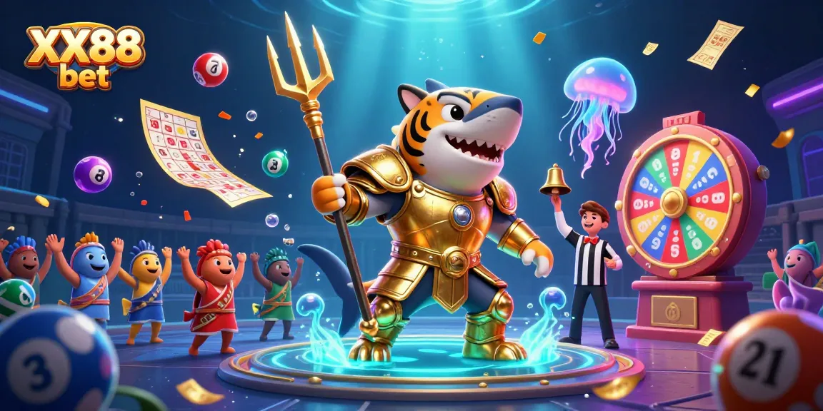 Experience the thrill of XX88 bet with a vibrant underwater casino scene featuring a tiger shark gladiator and dynamic lottery elements.