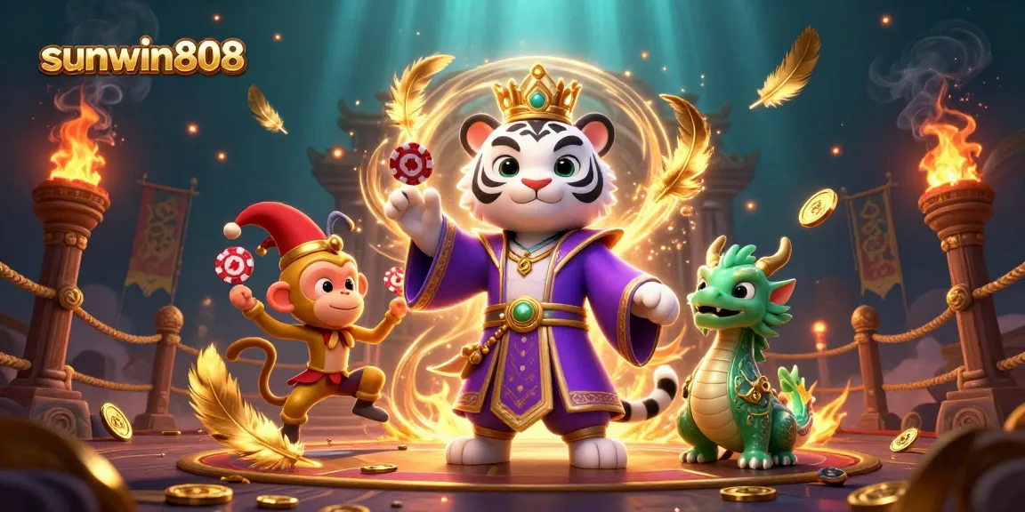 Juggling poker chips in the captivating realm of sunwin808, a white tiger in royal attire shines brightly among casino elements.