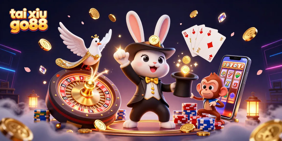 Engage with tai xiu go88 through immersive play, featuring a magical rabbit and vibrant casino elements.