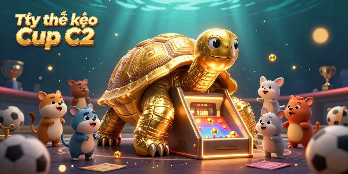 Tỷ lệ kèo Cup C2 illustrated in a vibrant sports betting scene with a monumental tortoise pinball machine.