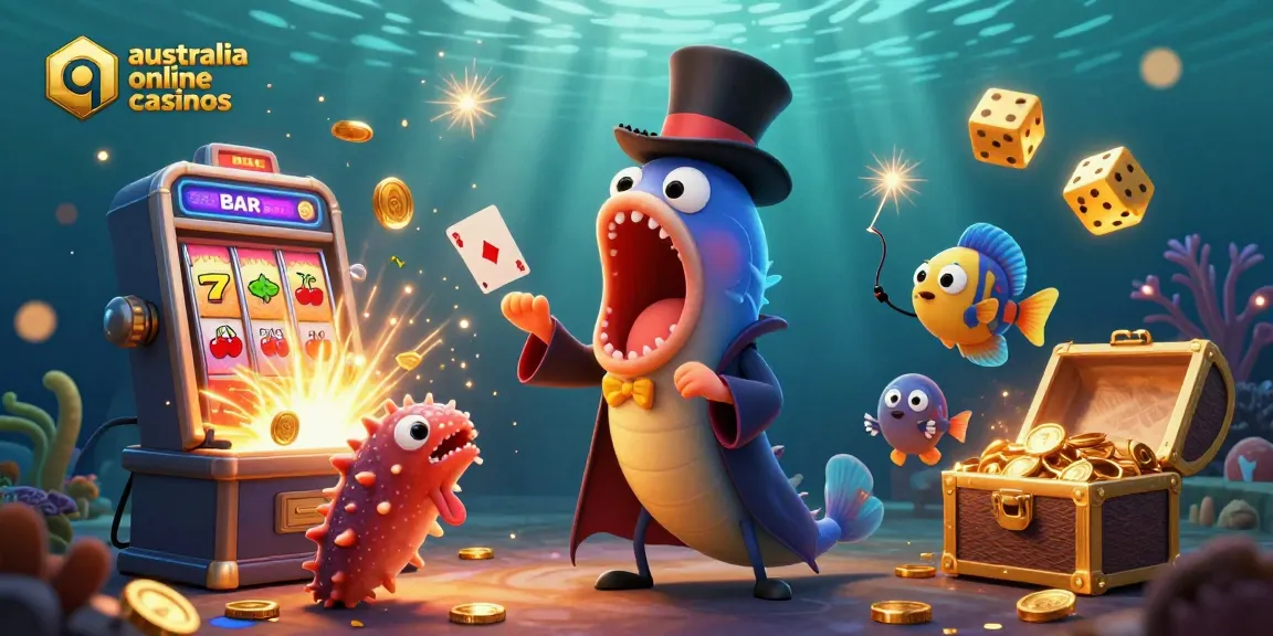 Engage with australia online casinos through a vibrant underwater magic show featuring eccentric characters and dynamic casino elements.