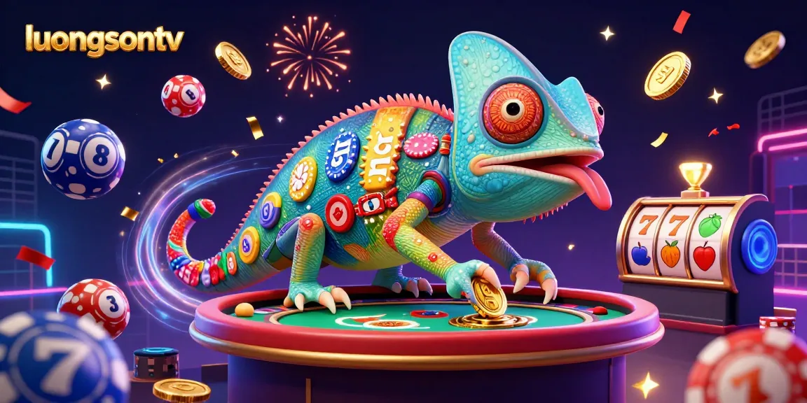 luongsontv showcases a vibrant chameleon casino owner amidst colorful lottery balls and festive elements