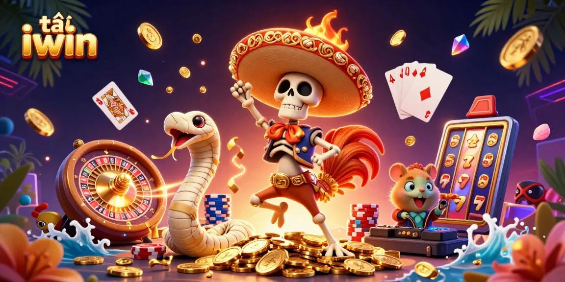 Win exciting games with tải iwin featuring a festive skeleton, coins, and poker elements.
