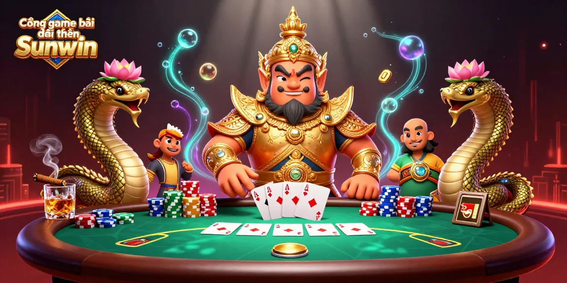Cổng game bài đổi thưởng Sunwin showcases a vibrant poker scene with mythical characters and rich game elements.