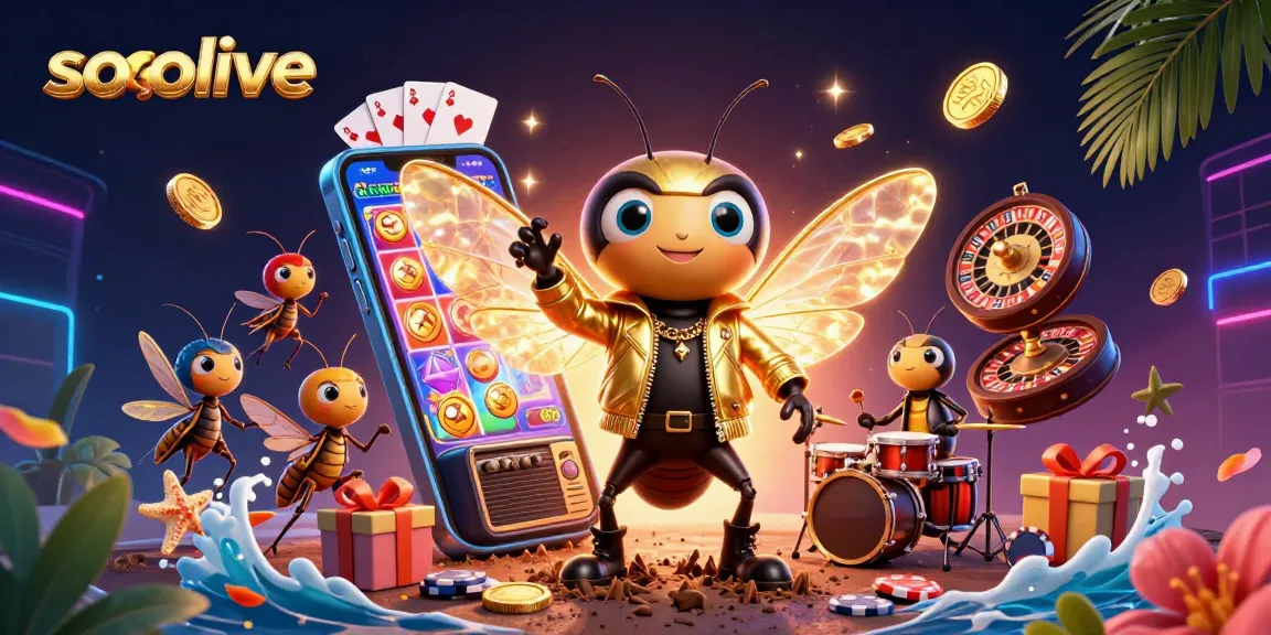 Socolive showcases an energetic casino scene with a cicada rock star and dynamic game elements.