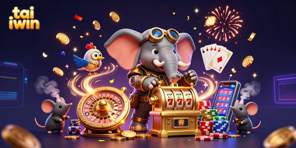 Experience excitement with tai iwin featuring a steampunk elephant and golden slot machine.