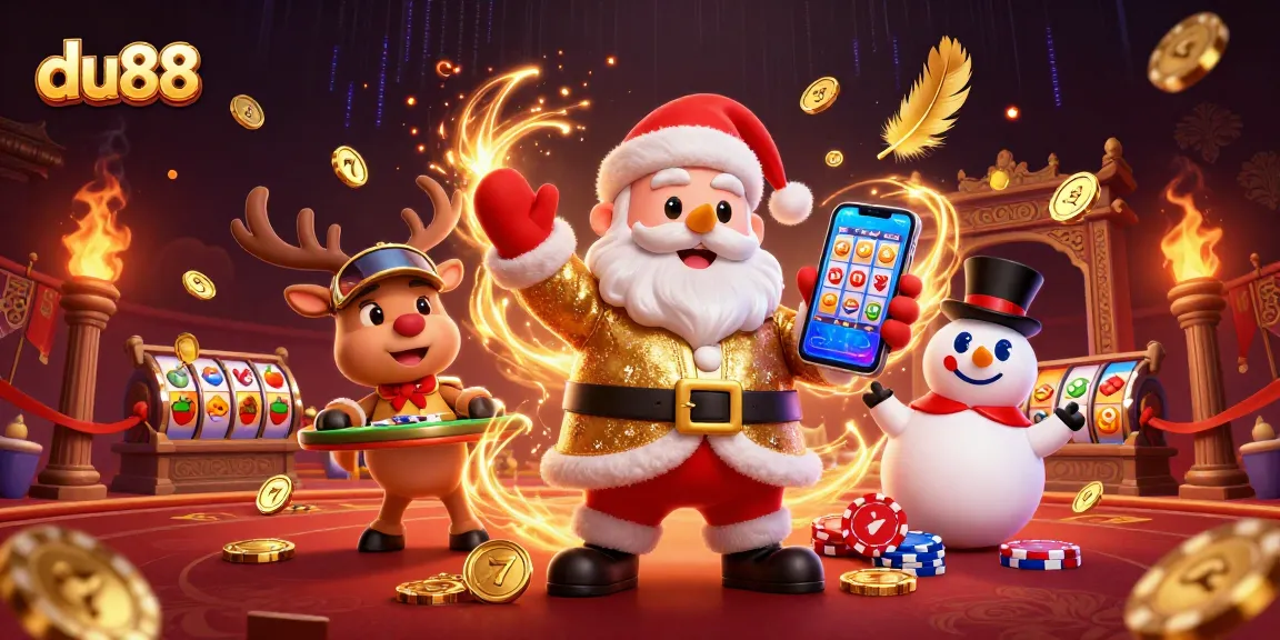 Join the festive fun with du88 in this vibrant casino scene featuring Santa, a reindeer dealer, and a poker chip snowman.