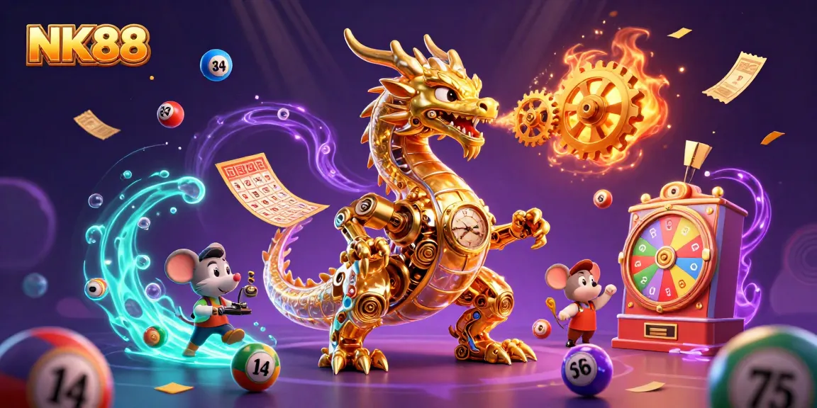 Experience thrilling gaming action with the NK88 dragon breathing gears amidst a vibrant lottery scene.