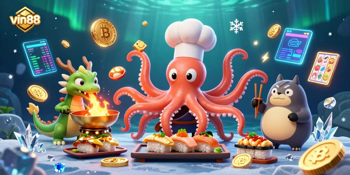 Immerse in vin88's gaming world with a vibrant 3D scene featuring an octopus chef and crypto elements.