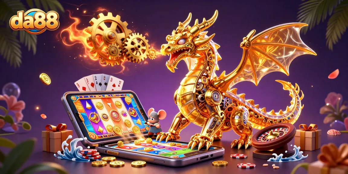 Spin slots and win with da88’s vibrant golden dragon in a rich 3D casino scene.