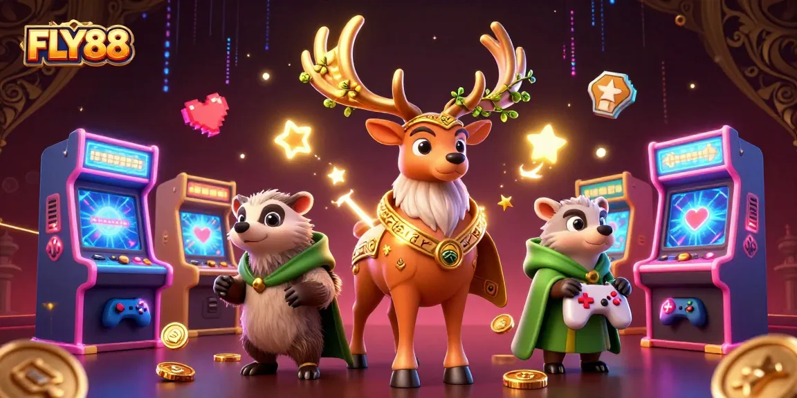 Engage with FLY88's dynamic gaming experience featuring vibrant characters and arcade games.