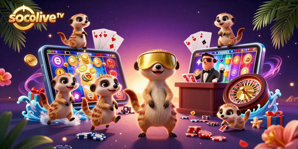 Play and win with socolive tv in a vibrant, cartoon casino atmosphere featuring meerkats.