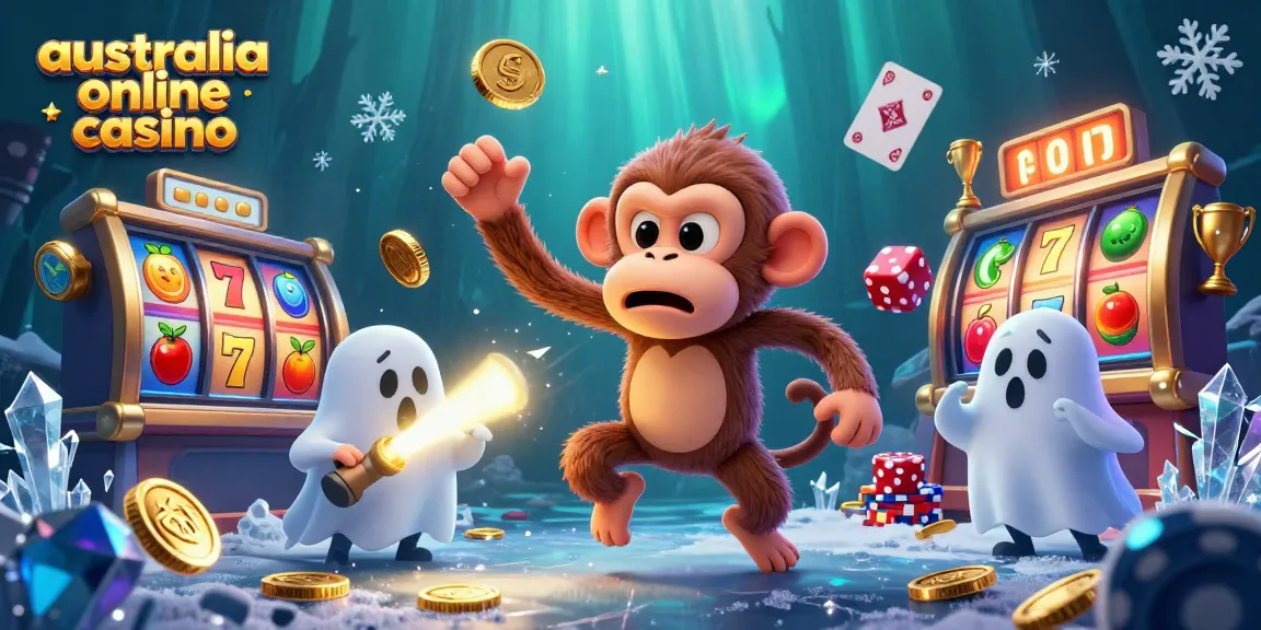 Experience the thrill of australia online casino as a monkey juggles gold in a haunted casino.