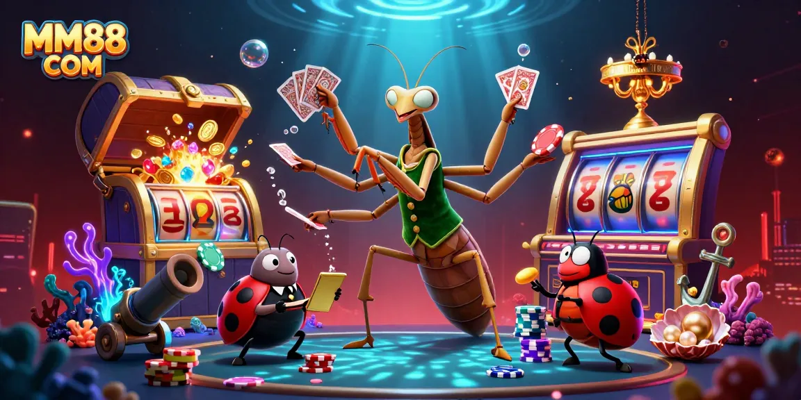 Experience the excitement of MM88 COM with a vibrant 3D casino illustration featuring unique characters and engaging game elements.