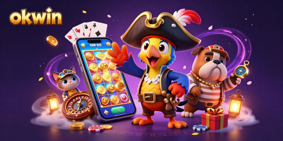 okwin showcases a vibrant 3D casino scene with a pirate captain and a bulldog navigating dynamic slot games.