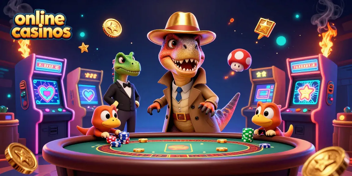 Engaging online casinos scene featuring a velociraptor card counter and stegosaurus pit boss with dynamic elements.