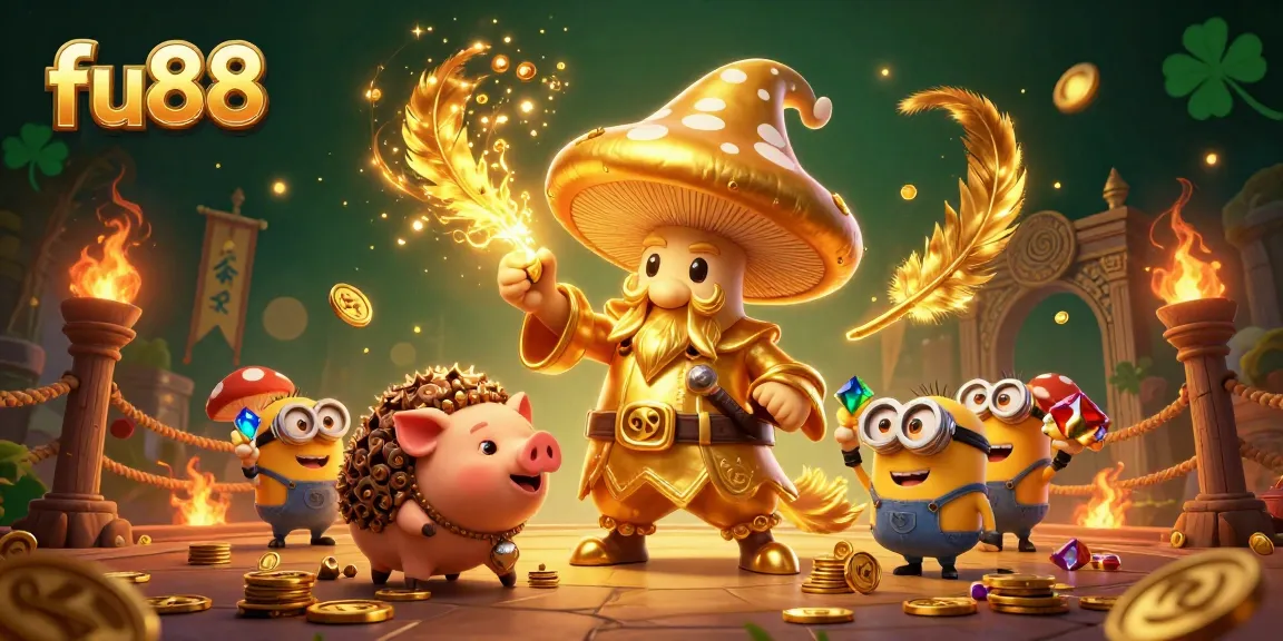 Experience the magic of fu88 with a dynamic 3D scene featuring golden characters amidst swirling gold and casino elements.