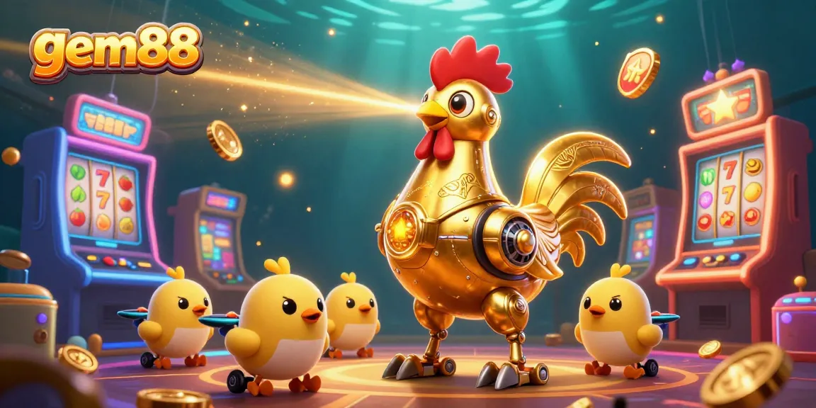 Engage with gem88's thrilling gaming world featuring colorful slot machines and retro-futuristic characters.
