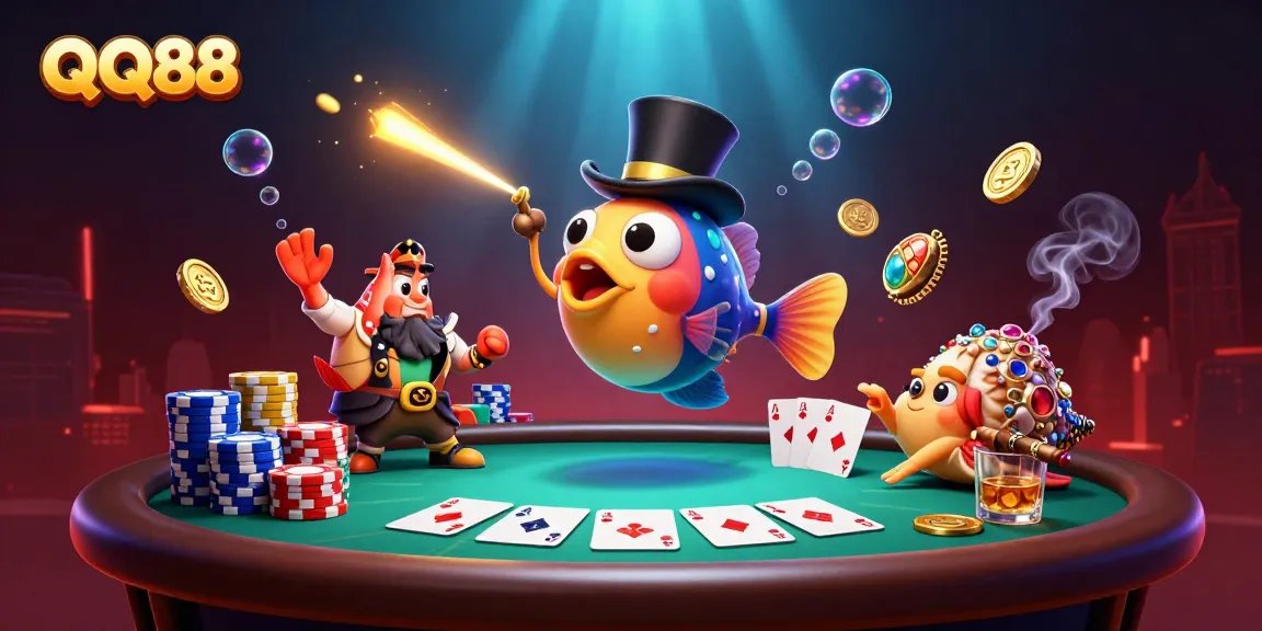 QQ88 showcases a playful deep-sea scene with an anglerfish and pirate shrimp gambling.