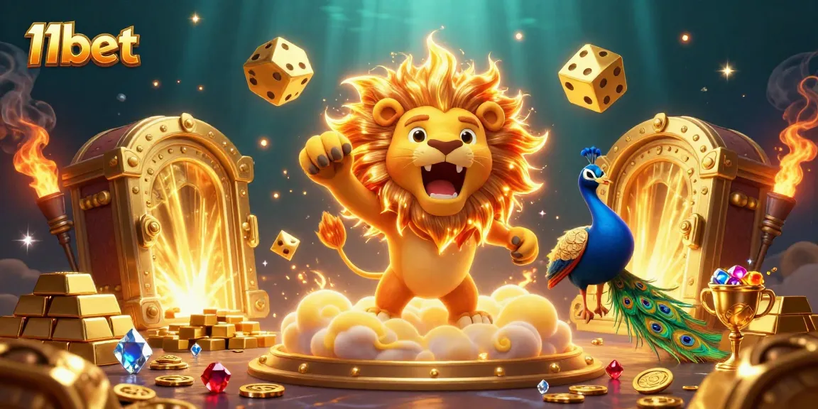 Experience thrilling wins with the 11bet lion as he roars amidst golden treasures in a vibrant casino scene.