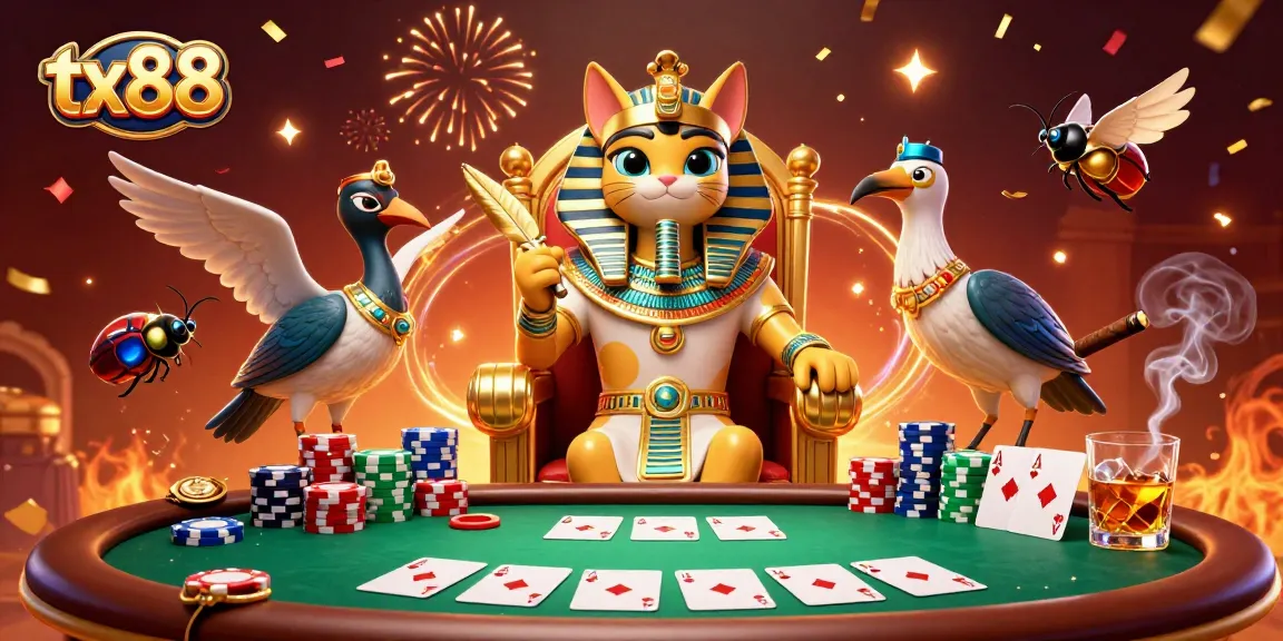 Engage with tx88 in a vibrant poker scene featuring a pharaoh cat and scribe.