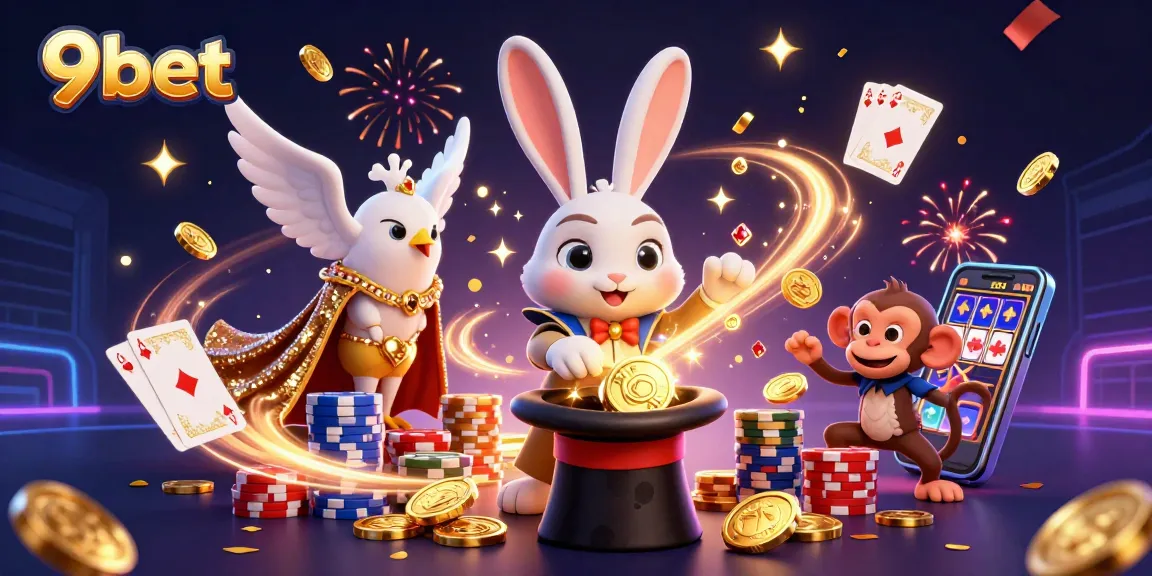 Experience thrilling fun at 9bet with a glamorous casino scene featuring a magician rabbit, dazzling poker chips, and flying gold coins.