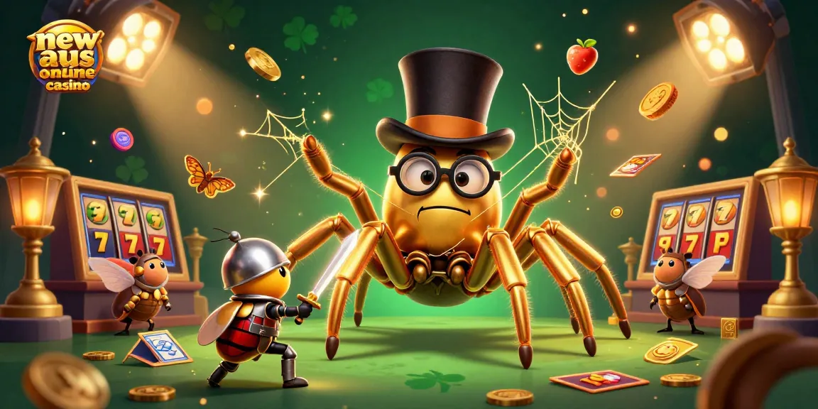Experience the thrill of the new aus online casino with golden tarantulas, knights, and slot symbols!