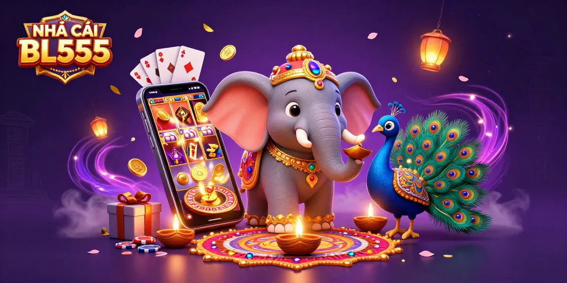 Engage with NHÀ CÁI BL555 through a vibrant 3D illustration showcasing exciting gaming elements and festive characters.