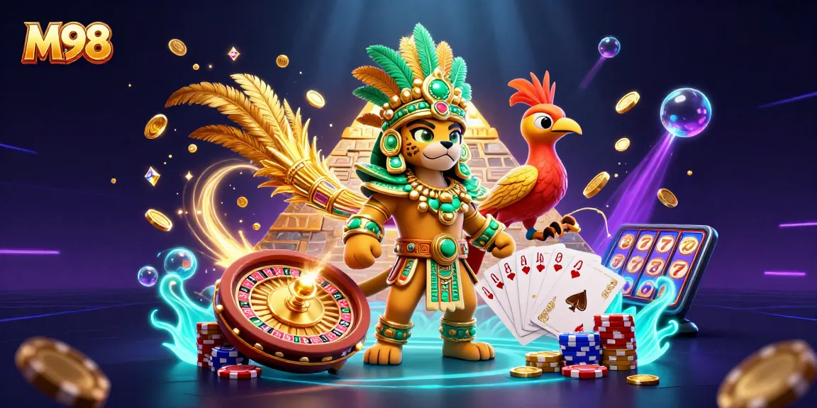 M98 captivates players with an exhilarating scene of casino elements and vibrant characters.